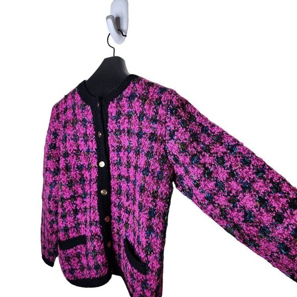 Vintage 80s Peruvian Connection Preppy Cardigan Sweater Womens S Purple Check Br - Picture 3 of 6